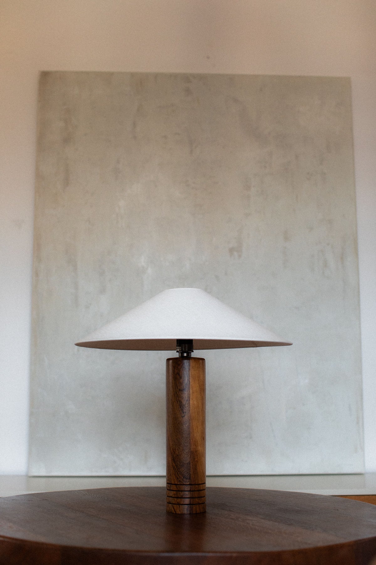 Mid-century wooden table lamp with white conical shade detail