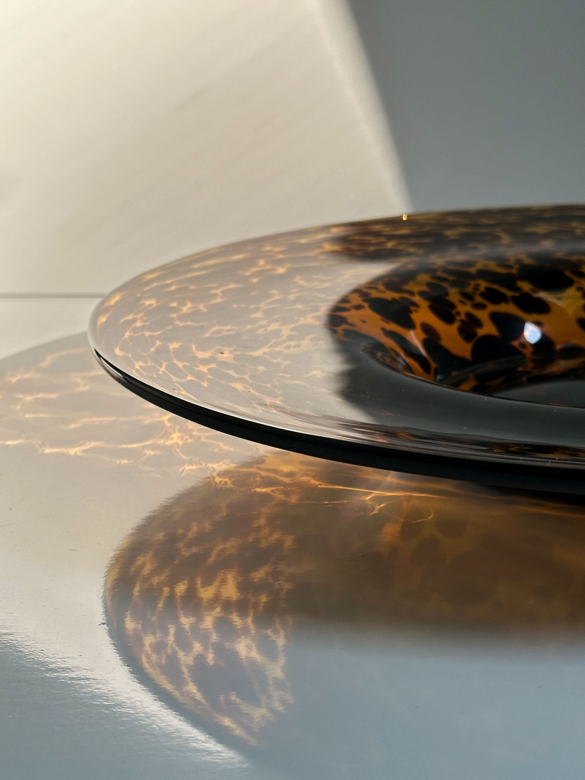 Large Murano tortoise glass bowl detail showing amber patterns