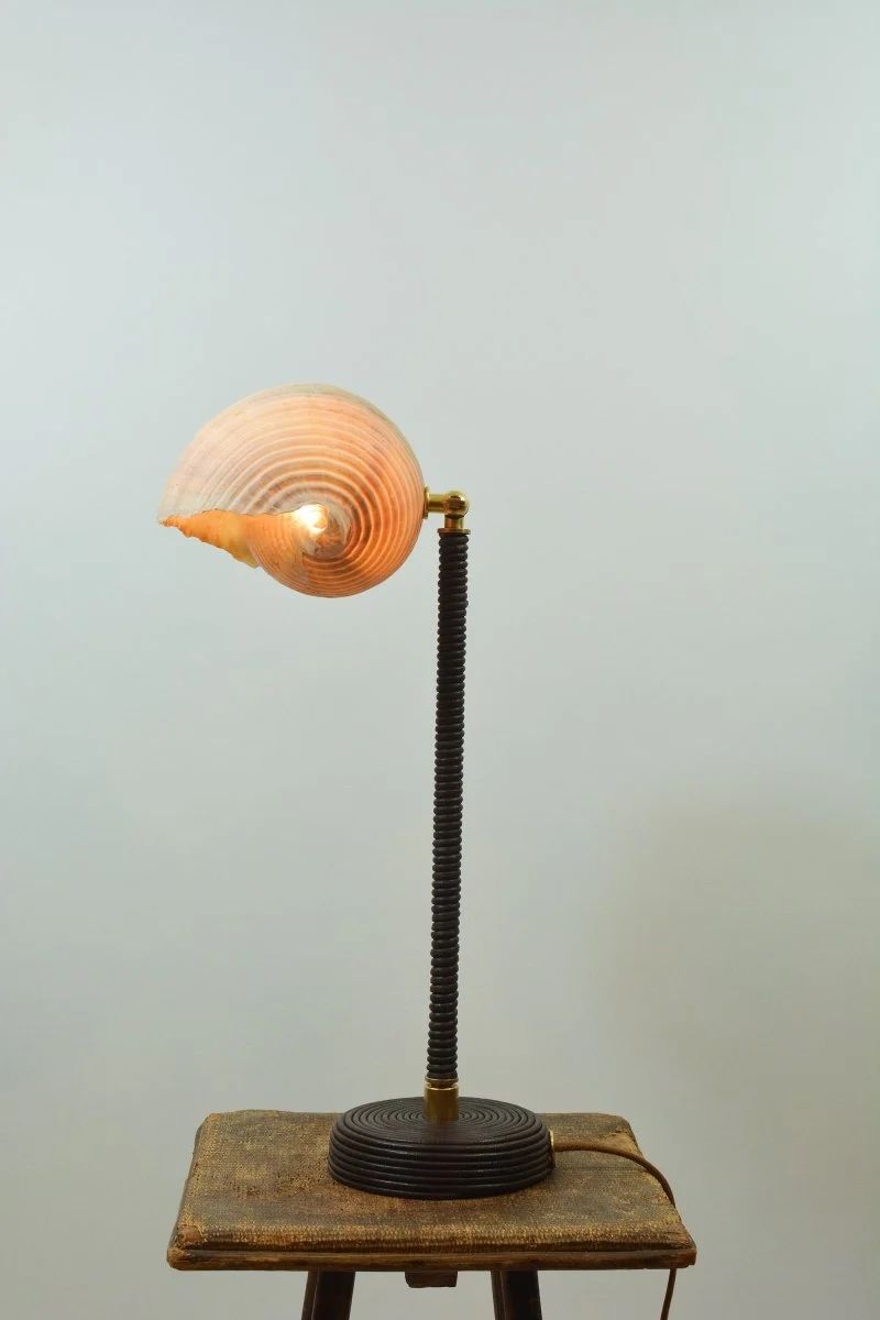 L'Escargot table lamp with spiral shade on wooden stool, lifestyle view