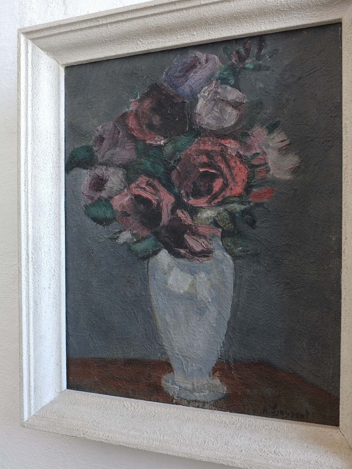 Vintage oil painting roses in white ceramic vase 1910s still life