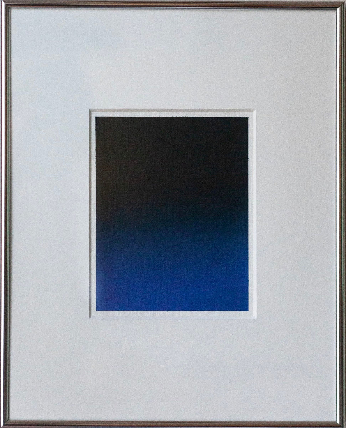The "Untitled, 2024" painting by Rebecca von Matérn showcases an acrylic artwork with a rectangular gradient that fades from black at the top to deep blue at the bottom, set within a wide white mat and encased in a sleek aluminium frame.