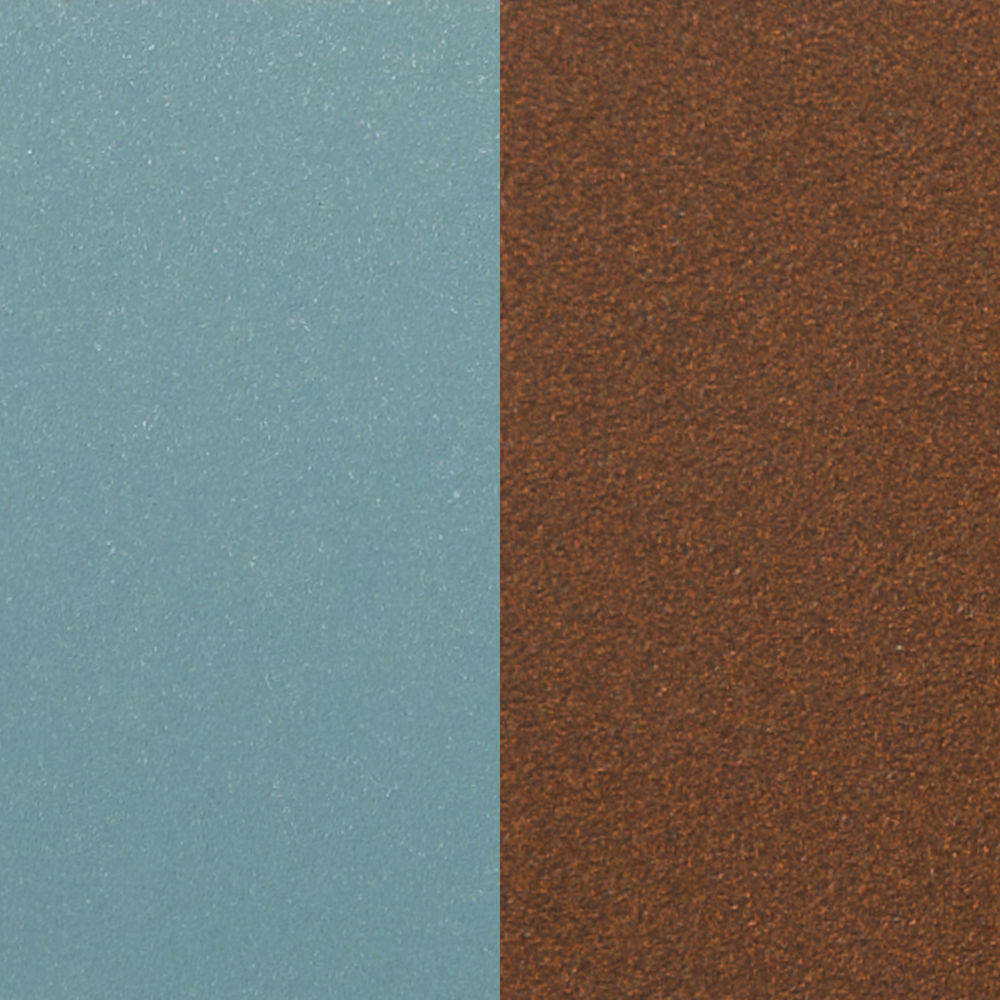 Double Jeu coffee table showing turquoise and rust material contrast