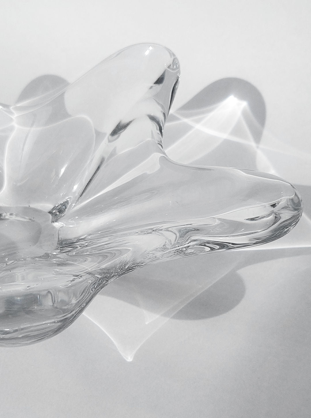 A close-up of the Les Objoies Crystal Baccarat Cup reveals its clear, wavy glass design casting intricate shadows on a light gray surface. Its fluid form and reflections evoke crystal artistry, creating an organic visual effect reminiscent of a modern vessel.