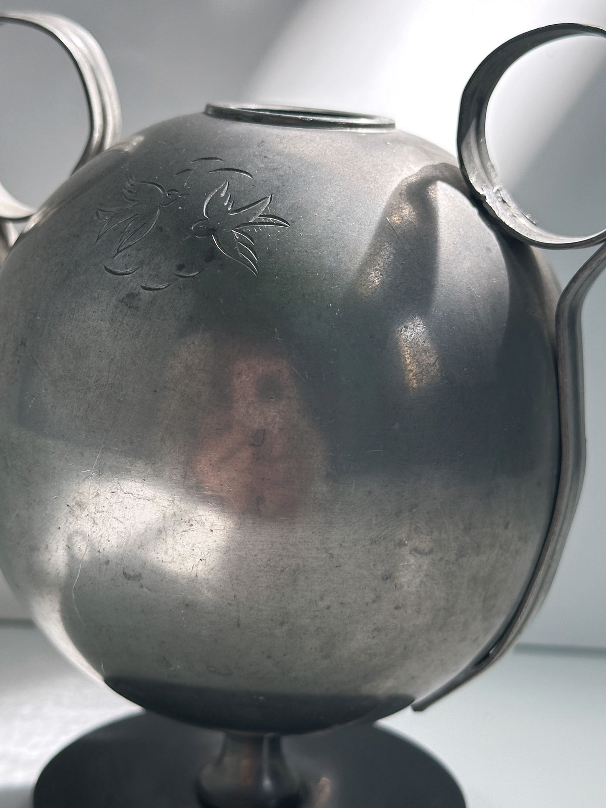Swedish Art Deco tin vase detail showing etched floral motif