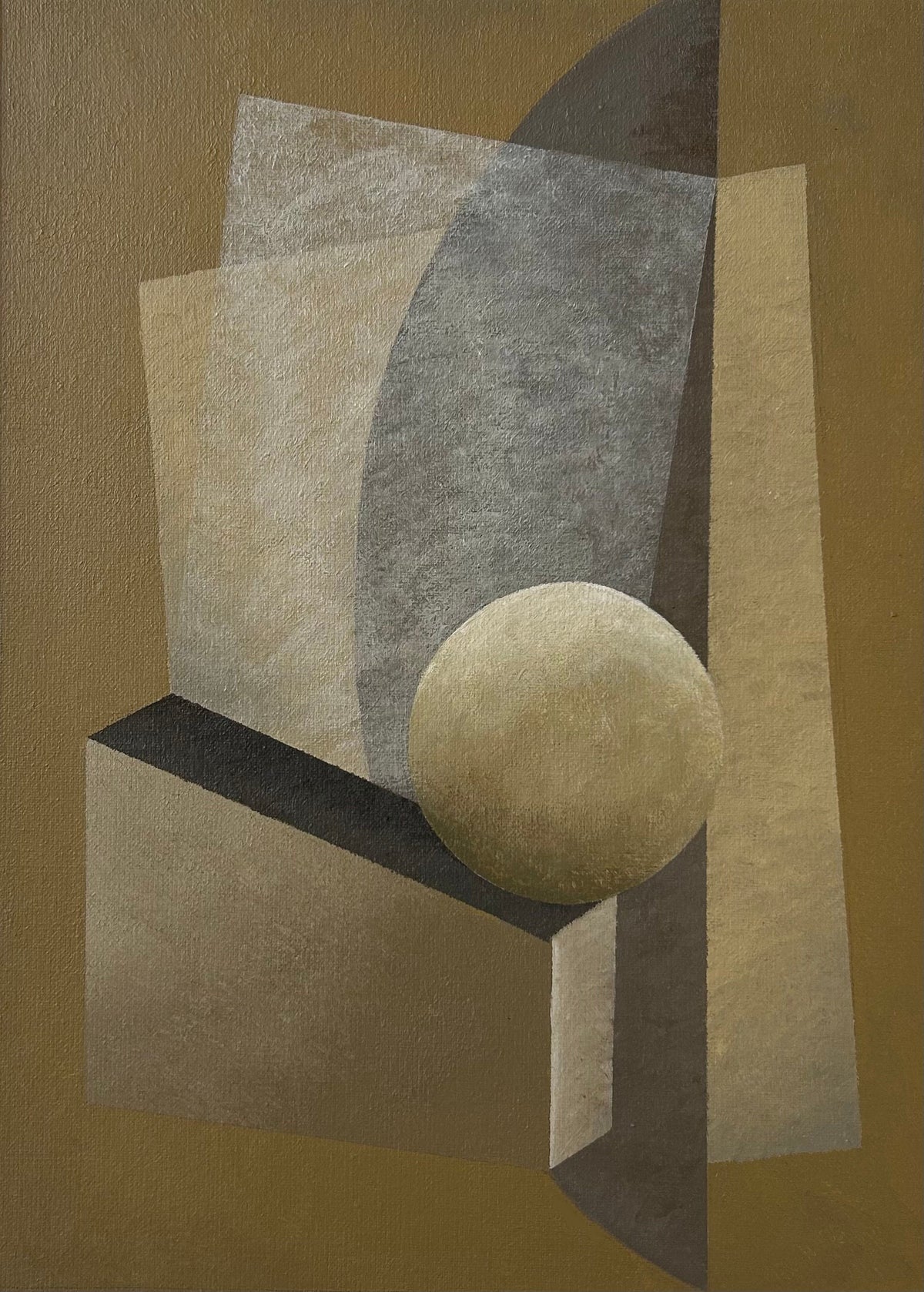 The "New Gold Dream" Painting, 2023 by Iris Bavelaar features overlapping geometric shapes in shades of brown, gray, and beige. A sphere appears in front of multiple interlocking rectangles and triangles, creating a sense of depth and dimension. Encased in a vintage frame, this 50x60cm artwork has a muted brown background.