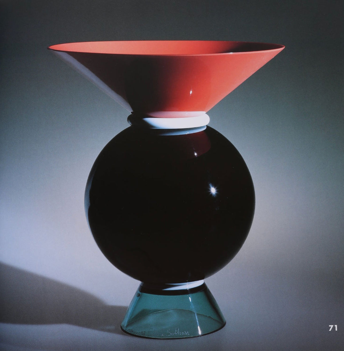 The Villa "Ettore Sottsass, Glass Works Book" is shown with a modern vase design—wide red flared top, black spherical middle, small transparent blue cone base—against a gradient background. The number 71 is in the lower right corner.