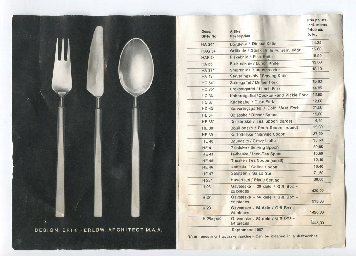 Erik Herløw Obelisk flatware catalog page with utensil details