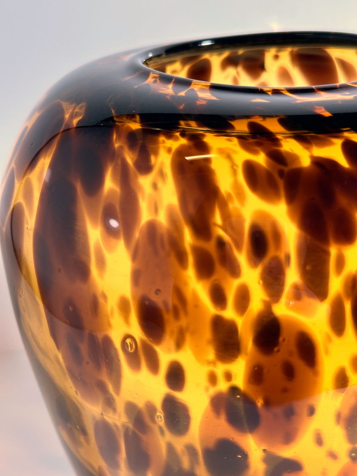 Close-up detail of tortoise pattern Murano glass vase from 1960s