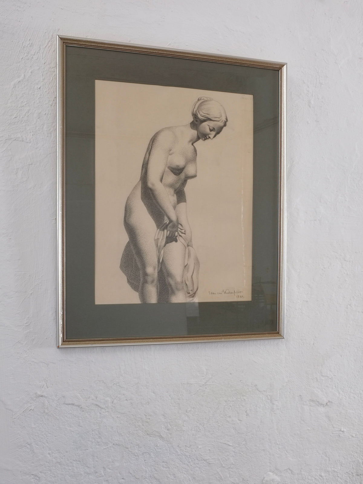 The Veter Vintage framed artwork features the 1883 Ebba Von Wachenfeldt Charcoal Drawing, showcasing a detailed pencil sketch of a woman in profile. The elegant metallic frame highlights the intricate 19th-century illustration.