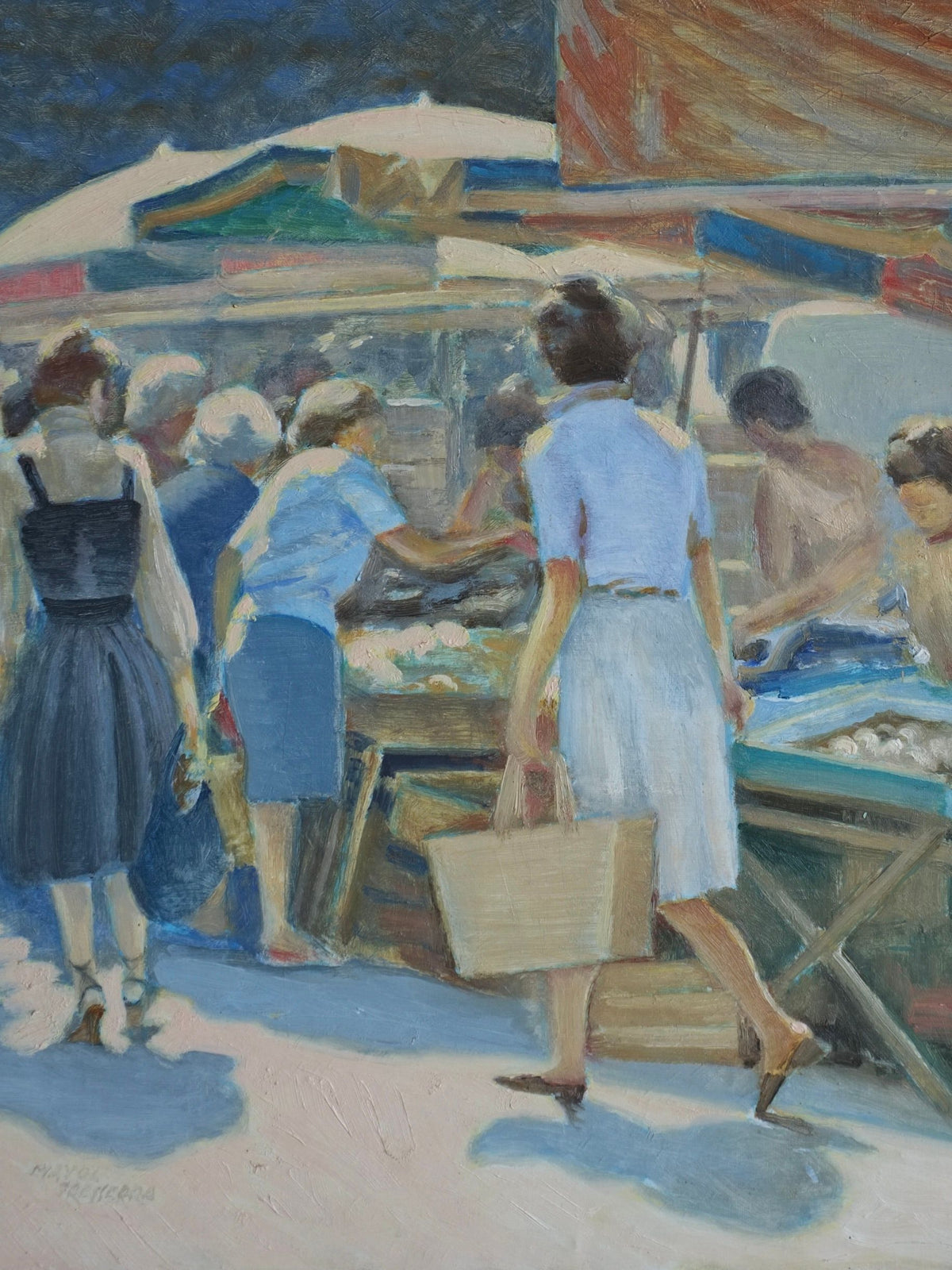 The Veter Vintage "Vintage Genre Oil Painting with Market Scenes" vividly captures a lively summer market day. The impressionistic artwork depicts several people, mostly women in summer dresses and skirts, browsing and purchasing goods from various stalls. One woman with a wicker basket elegantly walks towards a stall on the right, adding to the charm of the scene.