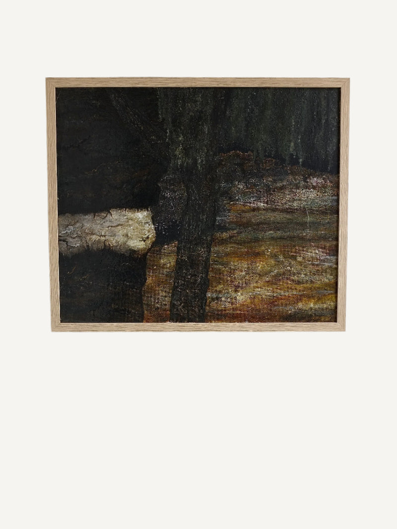 The Veter Vintage "Vintage Landscape Painting, Oil on Canvas" features a moody scene of dark trees and earthy tones against a white wall. A light wooden frame adds depth, and a rope hanger is visible at the top, capturing an ambiance reminiscent of the Netherlands.