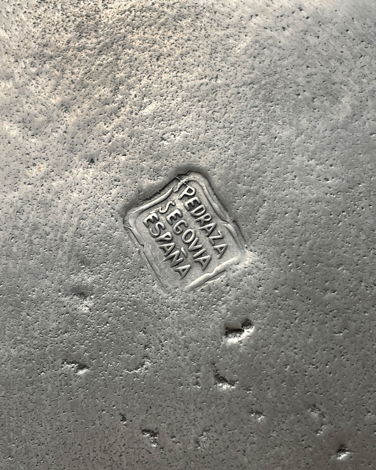 Maker's mark detail on pewter bowl showing Pedraza Segovia España stamp