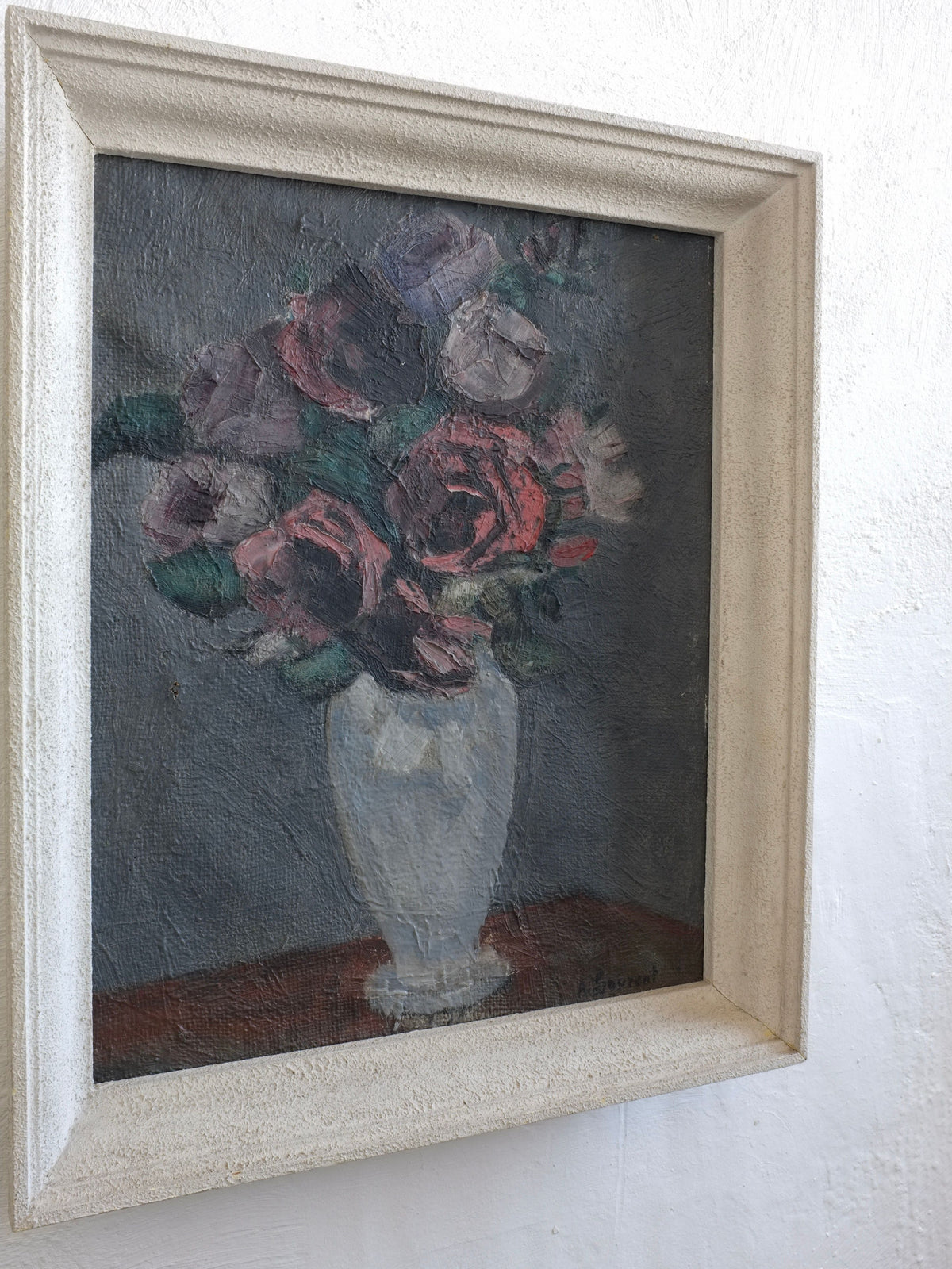 Vintage roses oil painting in white vase, 1910s still life art