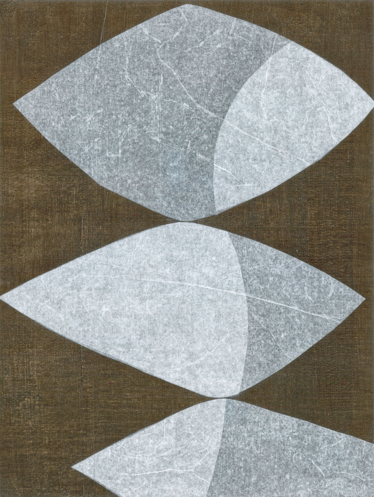 Three diamond-shaped leaf impressions in gray mixed media drawing