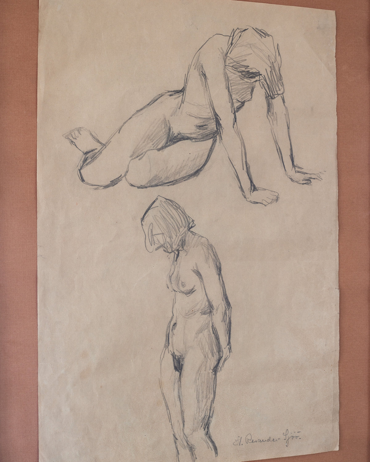 The Nude Drawing Study II, 1940s by Spigel features a vintage female form study by Harriet Rosander de Tourtchaninoff. It showcases two poses: a kneeling figure with arms extended and a standing figure with arms at their sides, highlighted through meticulous pencil shading and contouring.