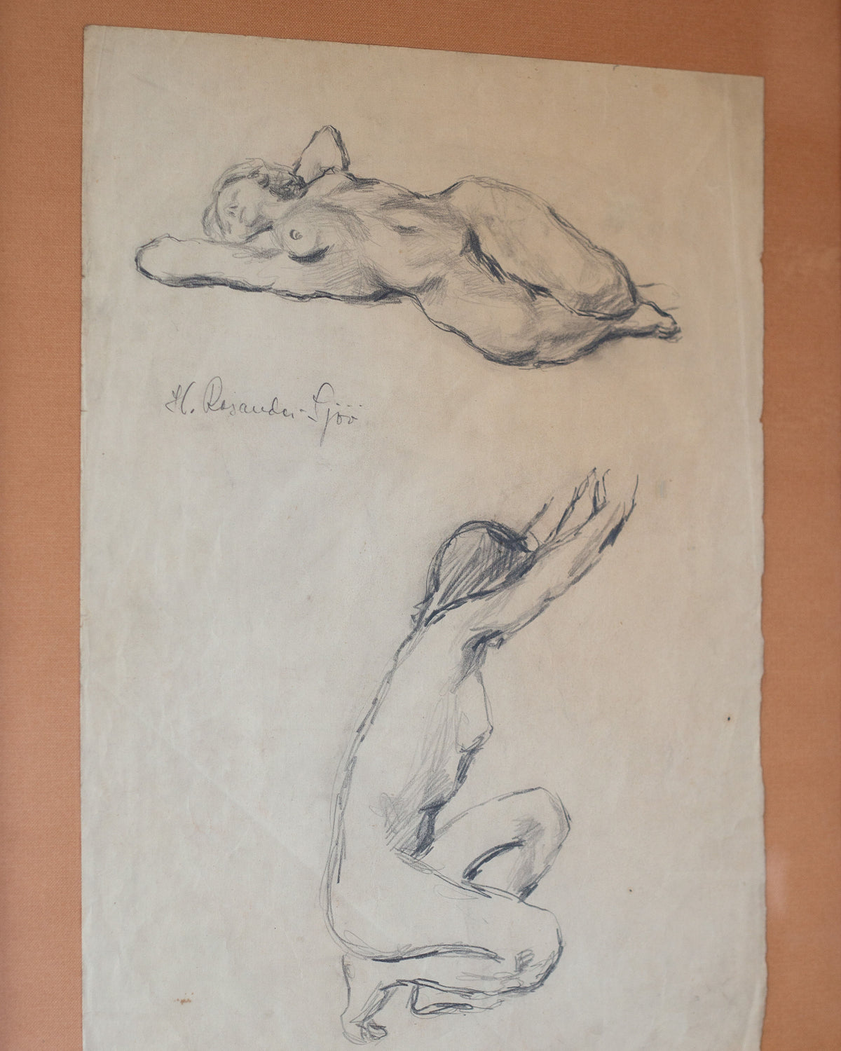 The "Nude Drawing Study I, 1940s" by Spigel captures a vintage sketch of two nude figures beautifully. The top figure reclines with a graceful arm resting on the head, while the bottom one crouches with arms overhead. Both female form studies are exquisitely rendered on textured paper.