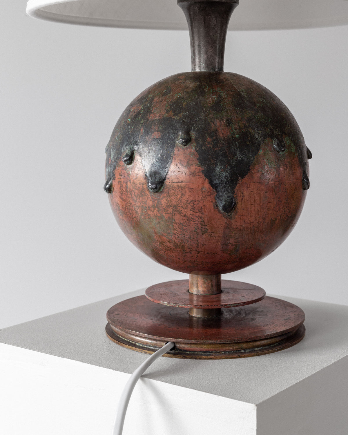 Art Deco copper lamp with dripping bronze glaze detail view