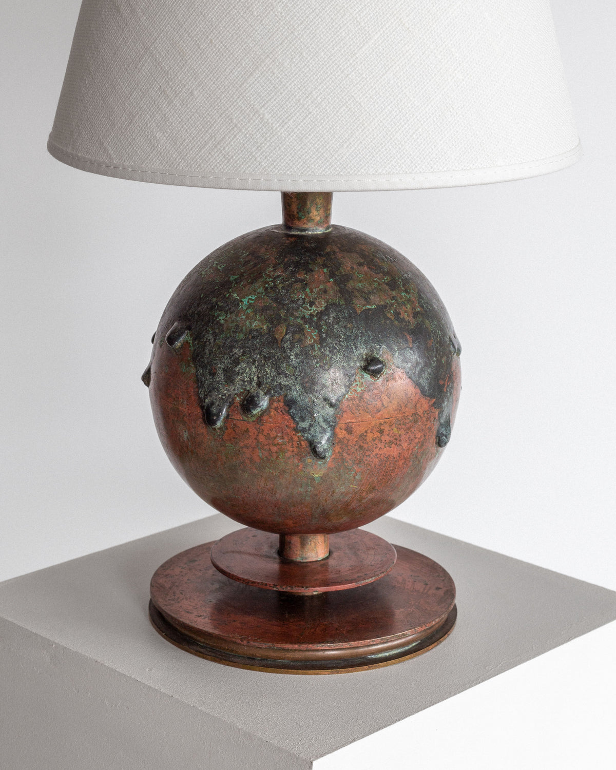 Art Deco copper lamp with oxidized patina and linen shade detail