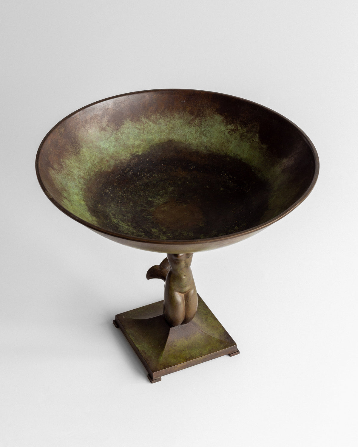 Swedish Art Deco bronze bowl with mermaid base, green patina finish