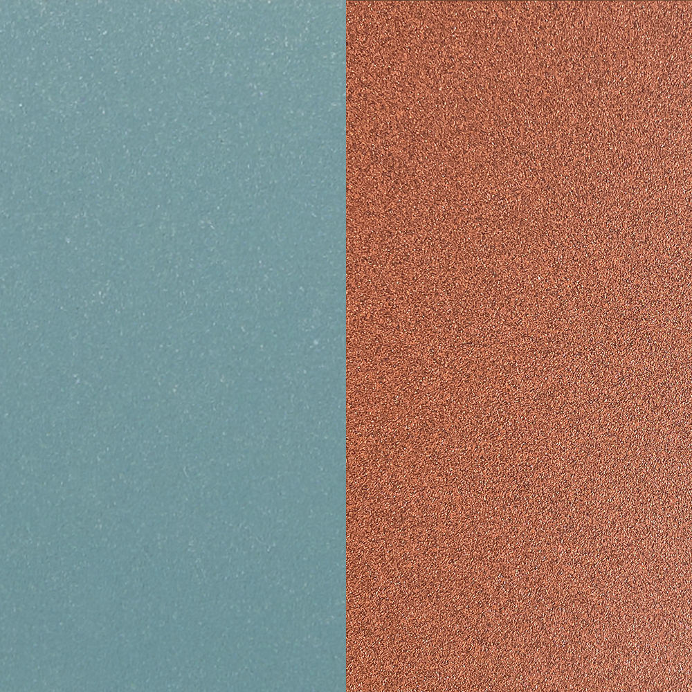 Blue-green and copper textured surface detail of Double Jeu table