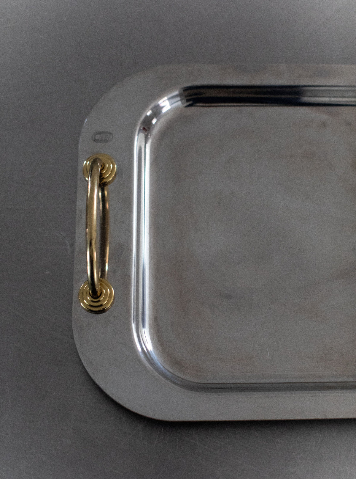 A close-up of an Out For Lunch Stainless Steel Tray with rounded corners on a metallic surface, exuding modern elegance. The tray features a gold-colored handle on the left side, secured with four small screws. The right half of the tray is not visible in the image.