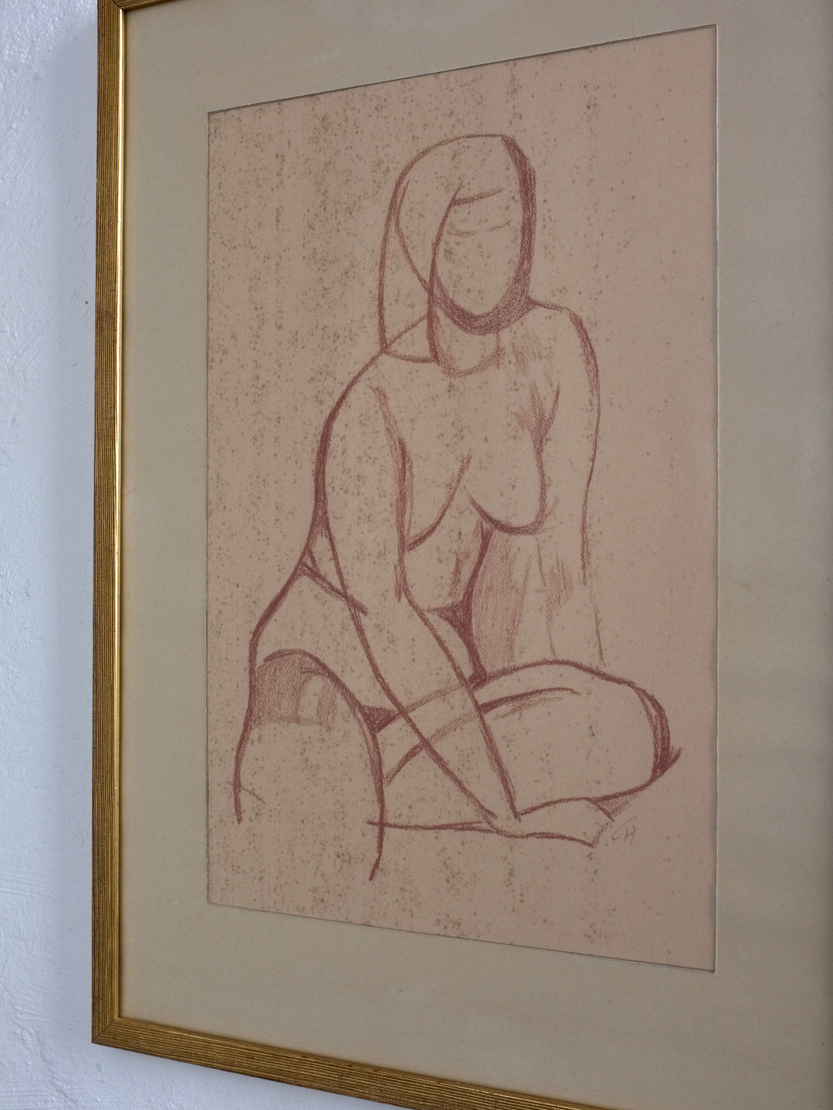 Modernist nude figure drawing red chalk on aged paper framed