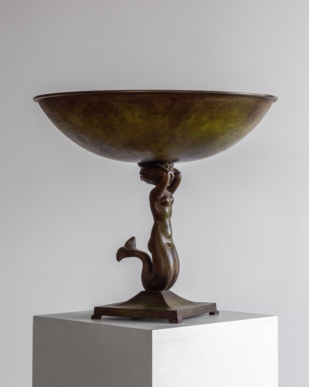 Bronze Art Deco bowl with mermaid figure support, Swedish 1930s