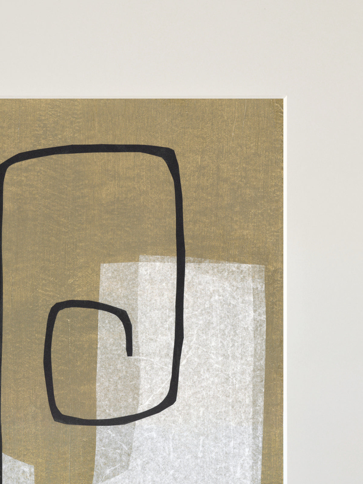 Purpose" Art Collage by Julita Elbe features minimalist abstract mixed media with a tan background, bold black spiral, and overlapping white-gray rectangle forms. Modern and simple, it evokes paper collage techniques.