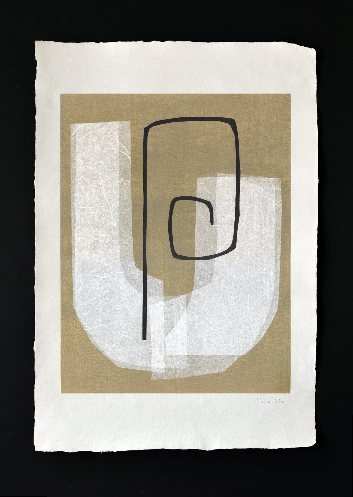 “Purpose” Art Collage by Julita Elbe features layered, translucent white geometric shapes on muted gold, topped with a bold black spiral—all on handmade cotton paper against a striking black background.