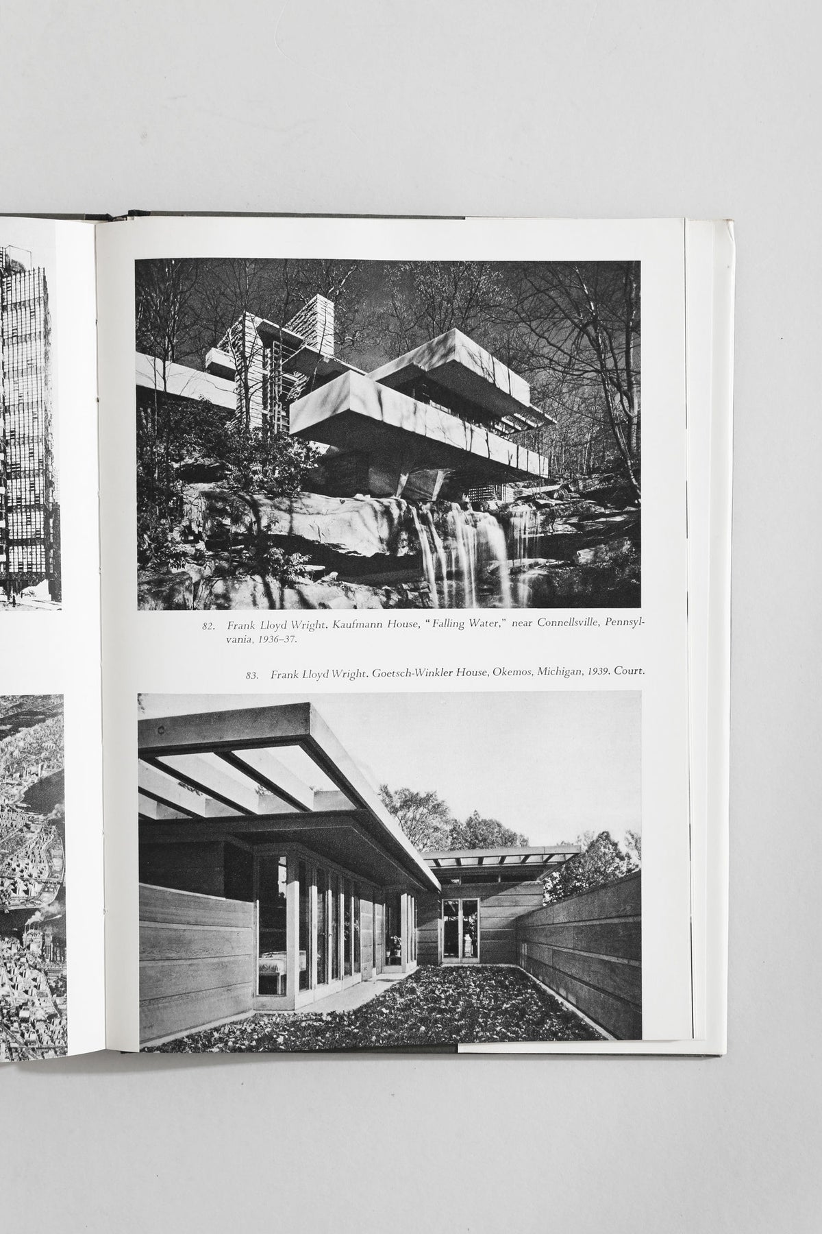Open architecture book showing Frank Lloyd Wright's Fallingwater and Goetsch-Winkler houses