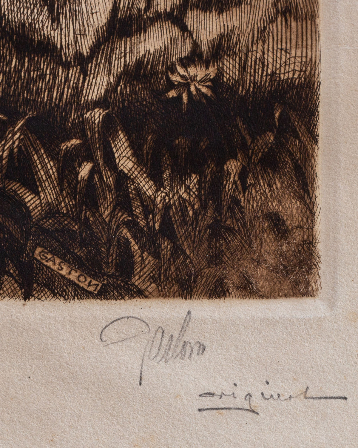 A close-up of the Spigel "Adam & Eve - Original Etching by Gaston Smidt, 1900s" showcases intricate cross-hatching with foliage. "Gaston Smidt" is signed at the bottom alongside "original," subtly etched amidst the details.