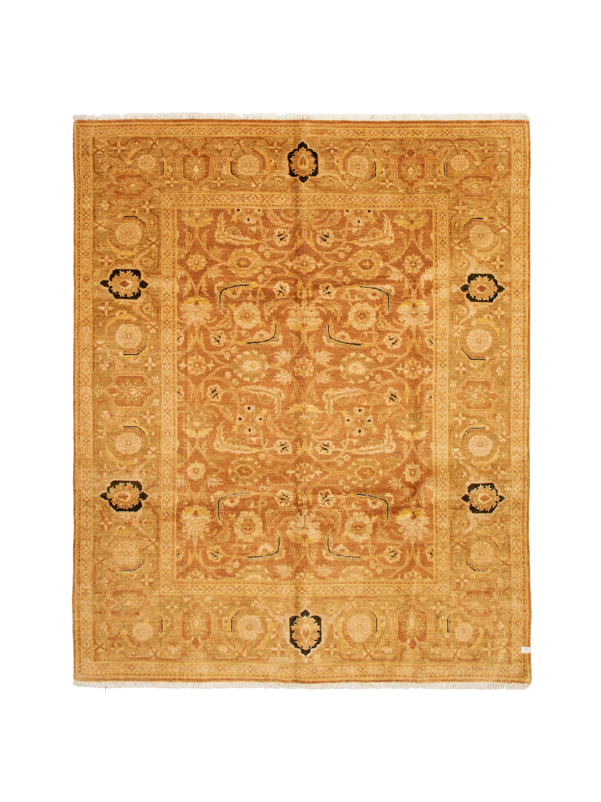 The catalog:three Chobi Rug in Ardor (239 x 292 cm) features a rectangular, ornate golden-brown wool design with intricate floral and geometric patterns and four dark medallions on the border, shown on a plain white background.