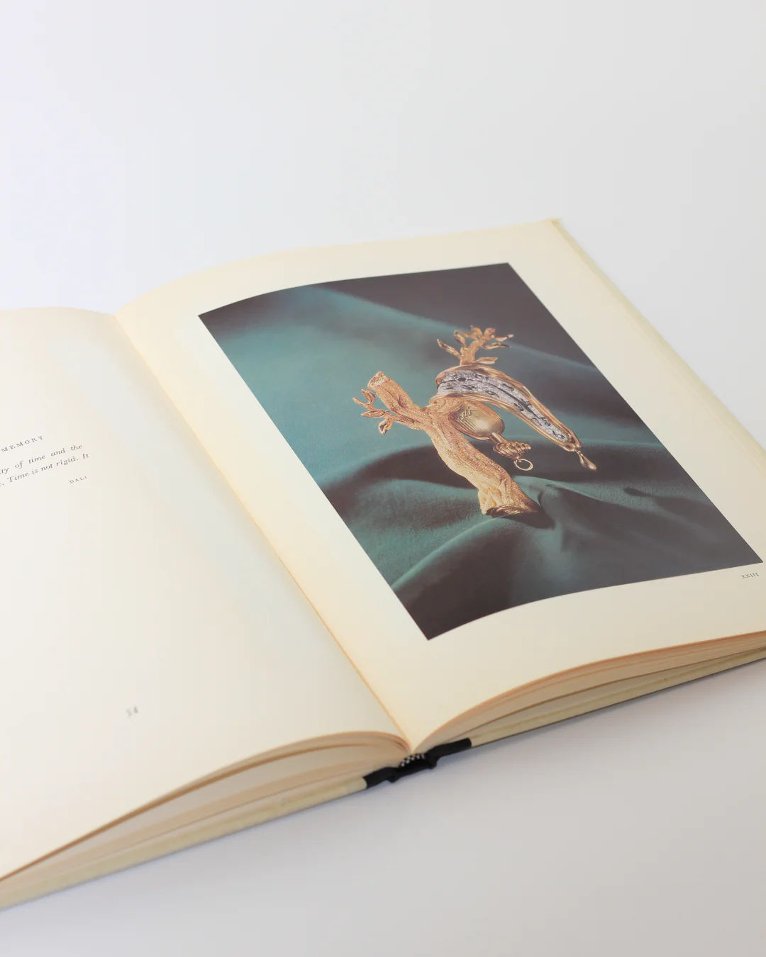 The soft-cover "Dalí: A Study of his Art-in-Jewels" from Boga Avante Shop lies open on a light surface, showcasing surrealist jewelry of a bird on a branch. A deep green fabric backdrop invokes Dalí's legacy, with curved pages inviting exploration.