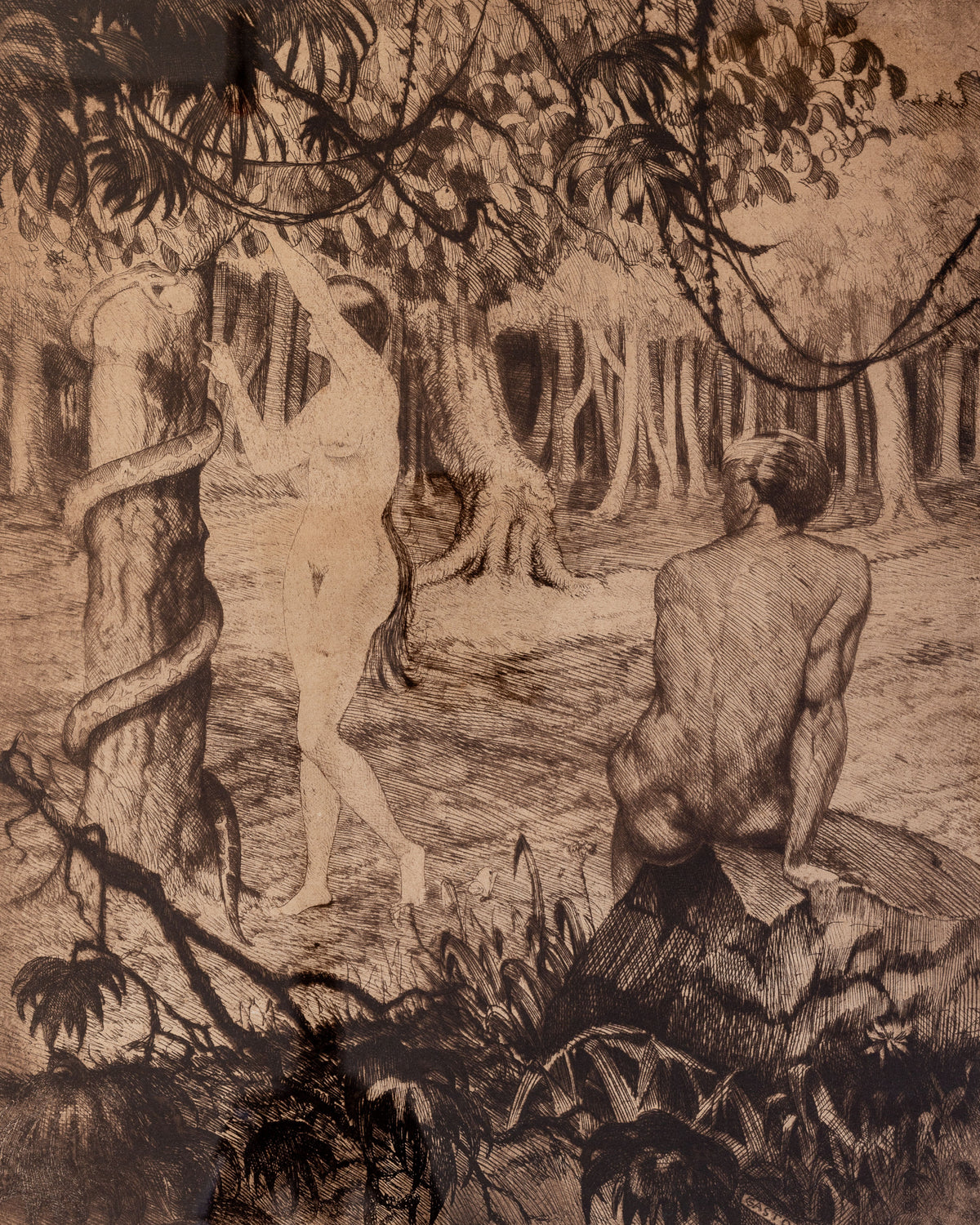 The Spigel product "Adam & Eve - Original Etching by Gaston Smidt, 1900s" depicts a sepia-toned scene in which one figure reaches for a tree entwined with a snake, while the other sits on a rock surrounded by towering trees.