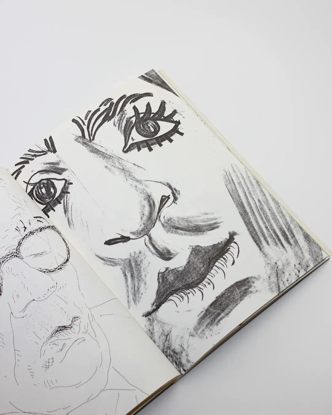 In an open sketchbook, "Faces by David Hockney" from Boga Avante Shop captures a detailed charcoal portrait with striking eyes and nose on the right page, while the left page offers a simpler line drawing of a partially visible face with glasses.