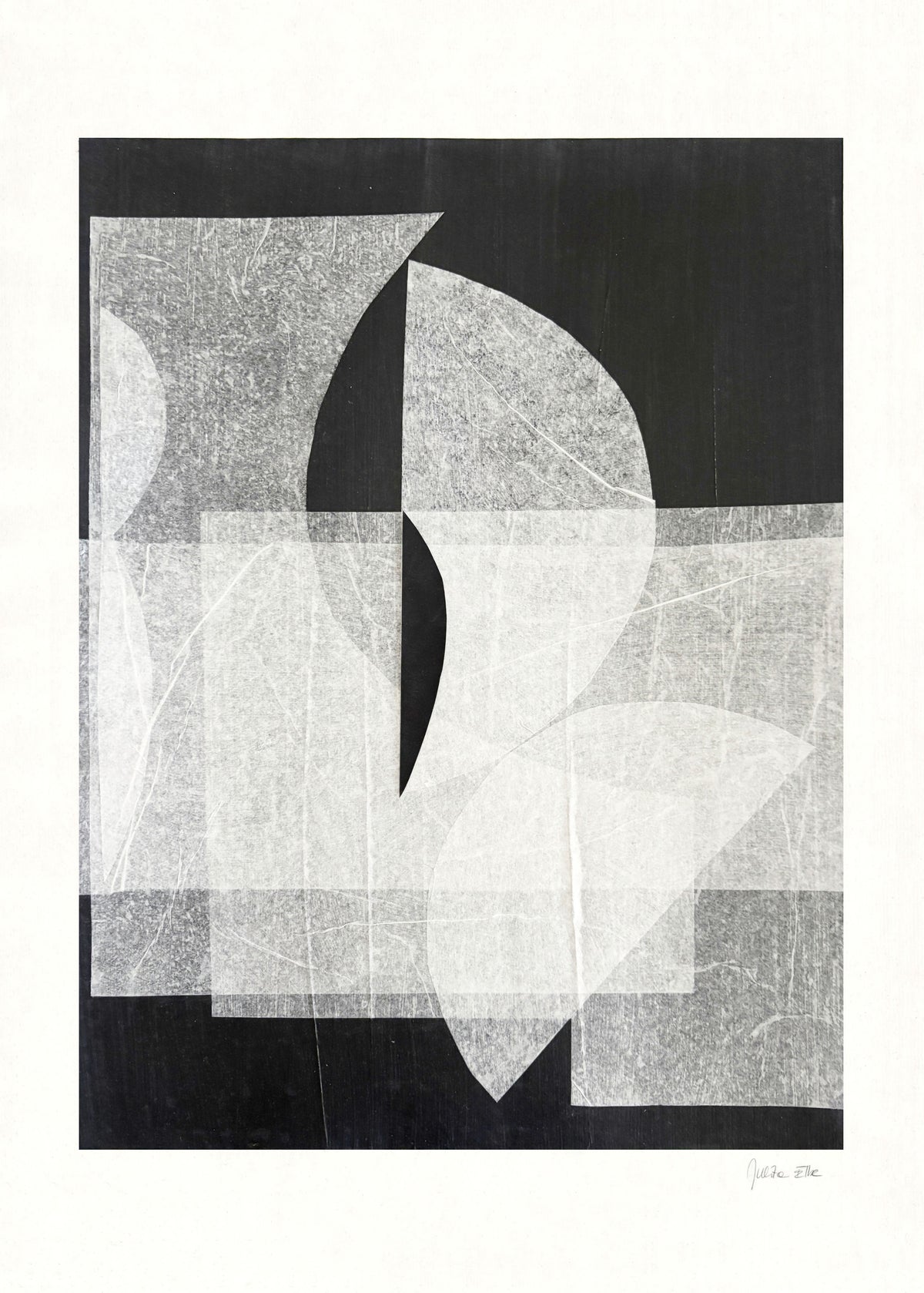 Abstract geometric mixed media artwork with black and white circular forms