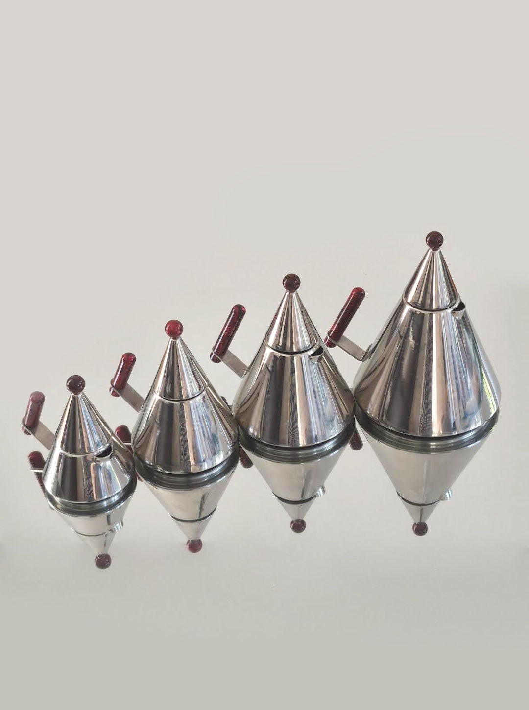 Polished steel Memphis coffee set conical teapots with red accents