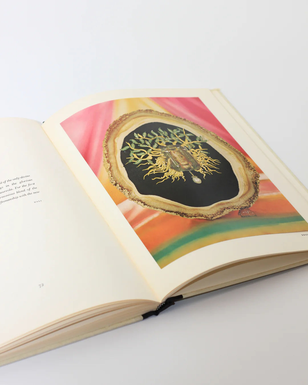 An open book lies on a light surface, showcasing a colorful tree illustration with intricate roots against a vibrant pink and yellow backdrop reminiscent of Dalí’s surrealist jewelry. The left page text hints at the artistic legacy of "Dalí: A Study of his Art-in-Jewels" by Boga Avante Shop.