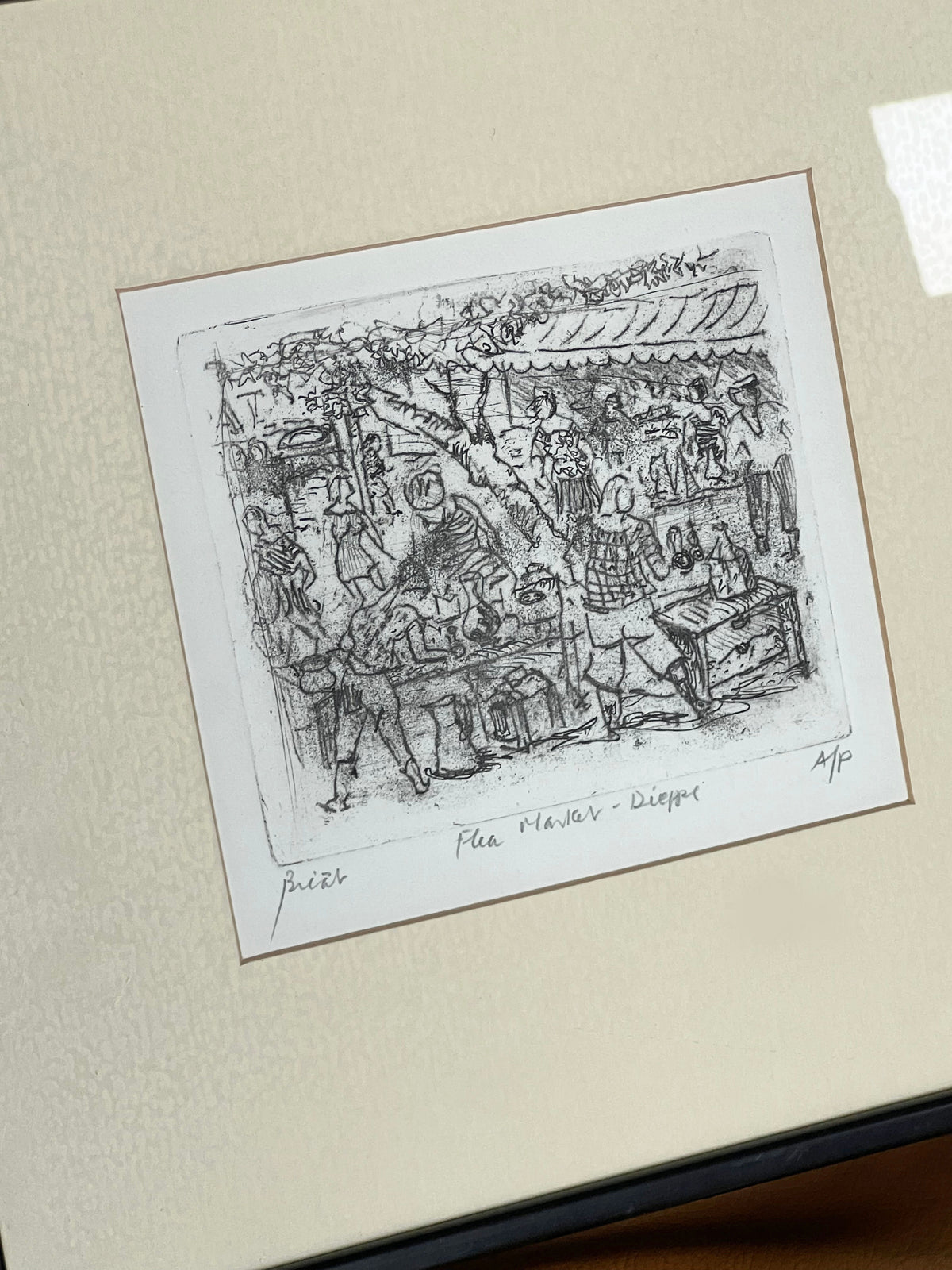 Charcoal sketch of bustling flea market scene with vendors and shoppers