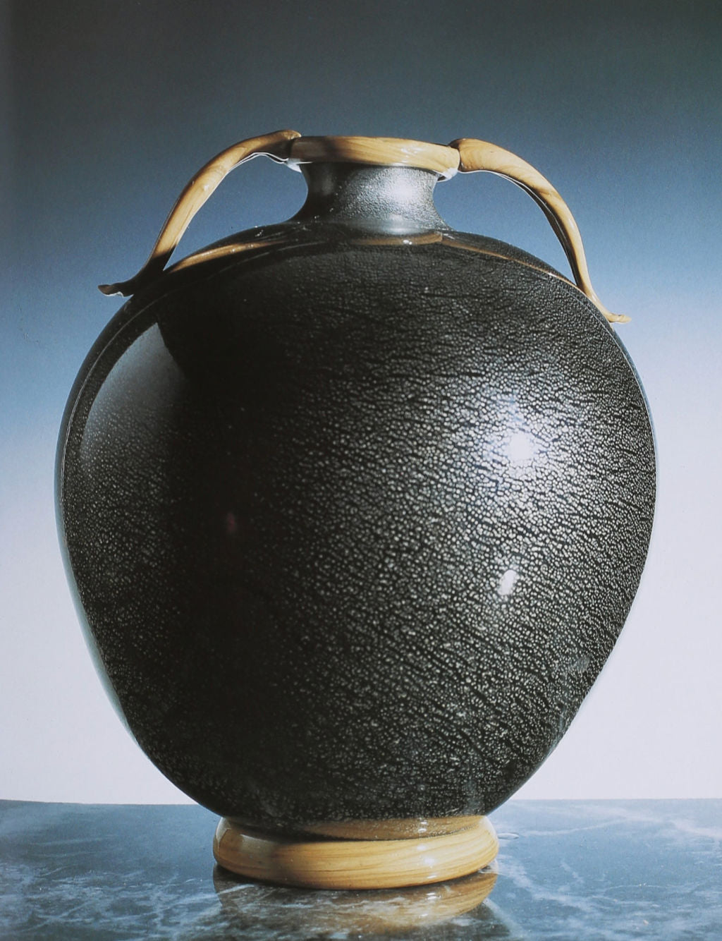 Dark textured Murano glass vase with curved handles by Carlo Scarpa