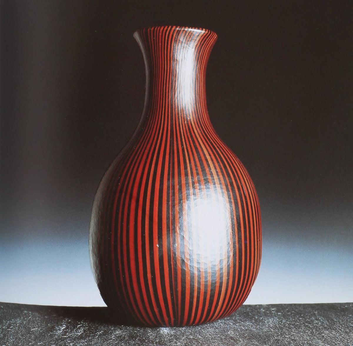 Red striped Murano glass vase by Carlo Scarpa detail view