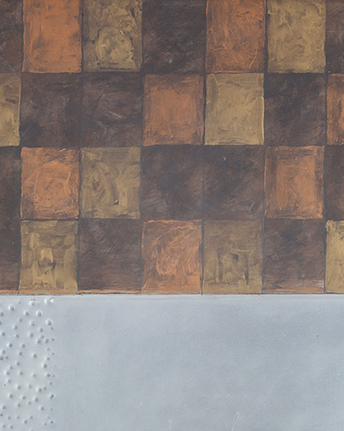 Mixed media artwork showing textured bronze squares and metallic dots detail