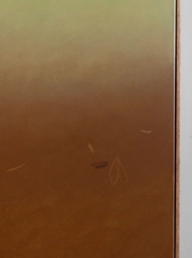 A minimalist painting, "Something(s) in the air, 2024" by Rebecca von Matérn, with a gradient background transitioning from light green at the top to dark brown at the bottom. The artwork features subtle, abstract shapes and lines in shades of brown and beige, resembling small leaves or feathers, elegantly housed in an oak frame.