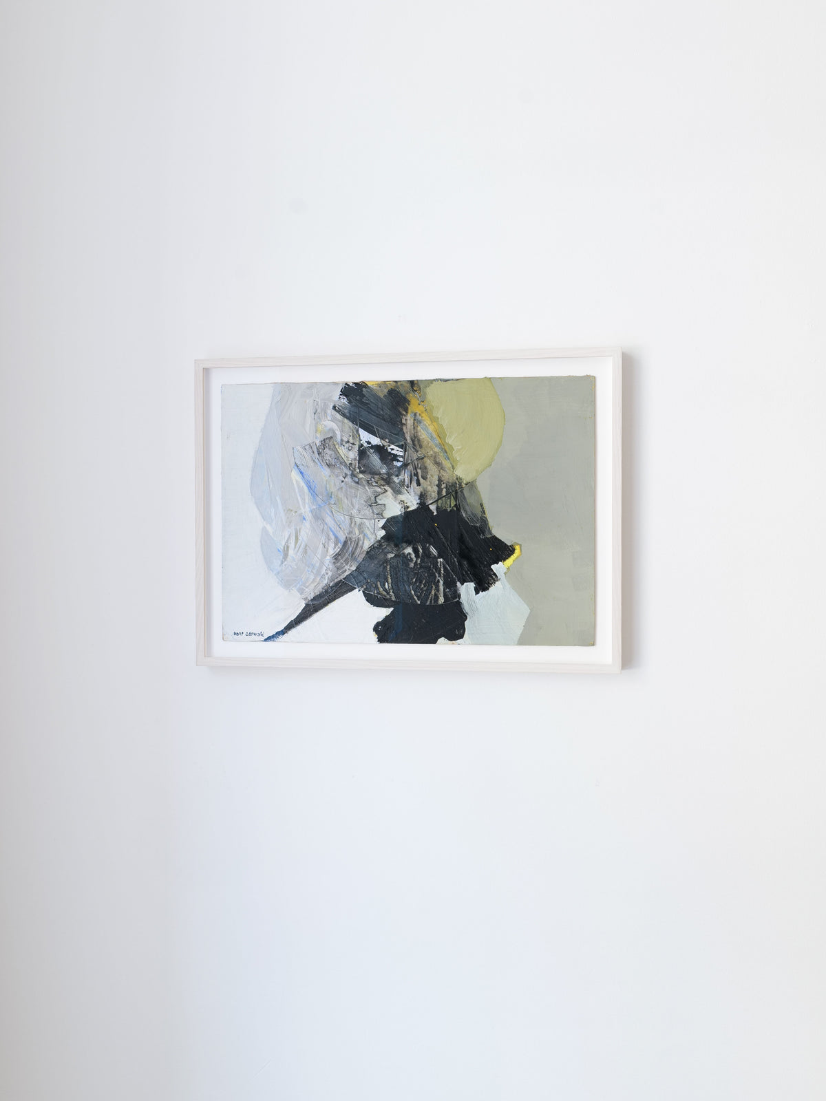 A framed "Abstract Composition" Painting by Collection apart adorns a white wall, showcasing Hans Osswald's midcentury abstract design with layered textures and a swirl of colors, including black, gray, beige, and hints of yellow.