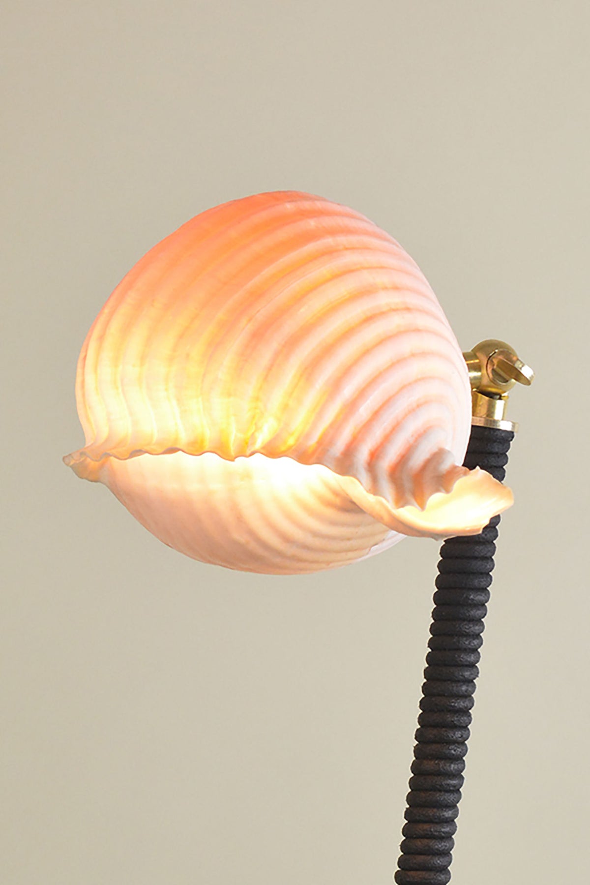 L'Escargot shell-shaped table lamp with ribbed texture and warm glow