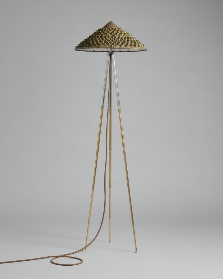 Horst tripod floor lamp with woven pyramid shade on wooden legs