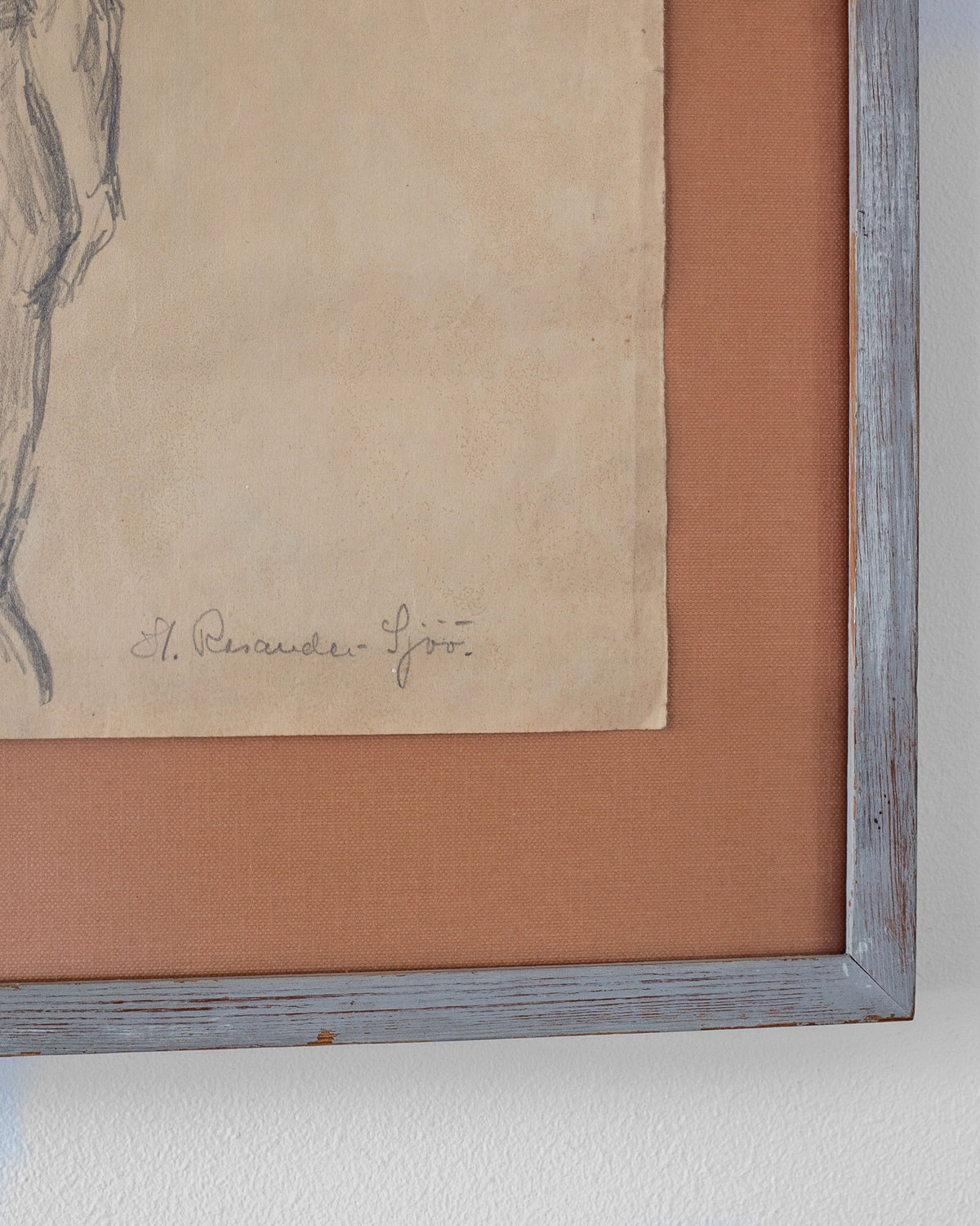 A framed vintage sketch in a wooden frame, titled "Nude Drawing Study I, 1940s" by Spigel, captures a female form study by Harriet Rosander de Tourtchaninoff. This artwork, signed at the bottom, features a partial human figure against a beige wall.