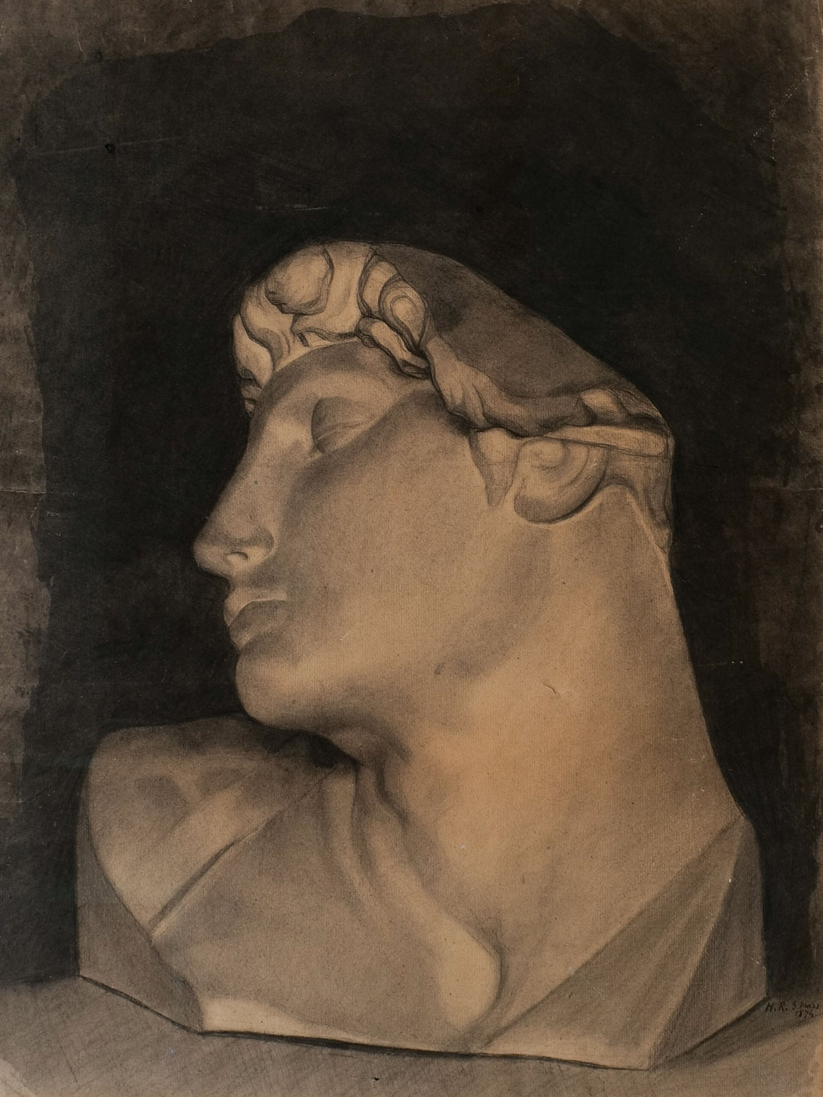 The "Charcoal Sketch 1894" by Collection Apart features a detailed representation of a classical sculpture bust evocative of Michelangelo's artistry, highlighting a person's profile with a serene expression. The head is adorned with an ornate band, all set against a dark, textured backdrop.