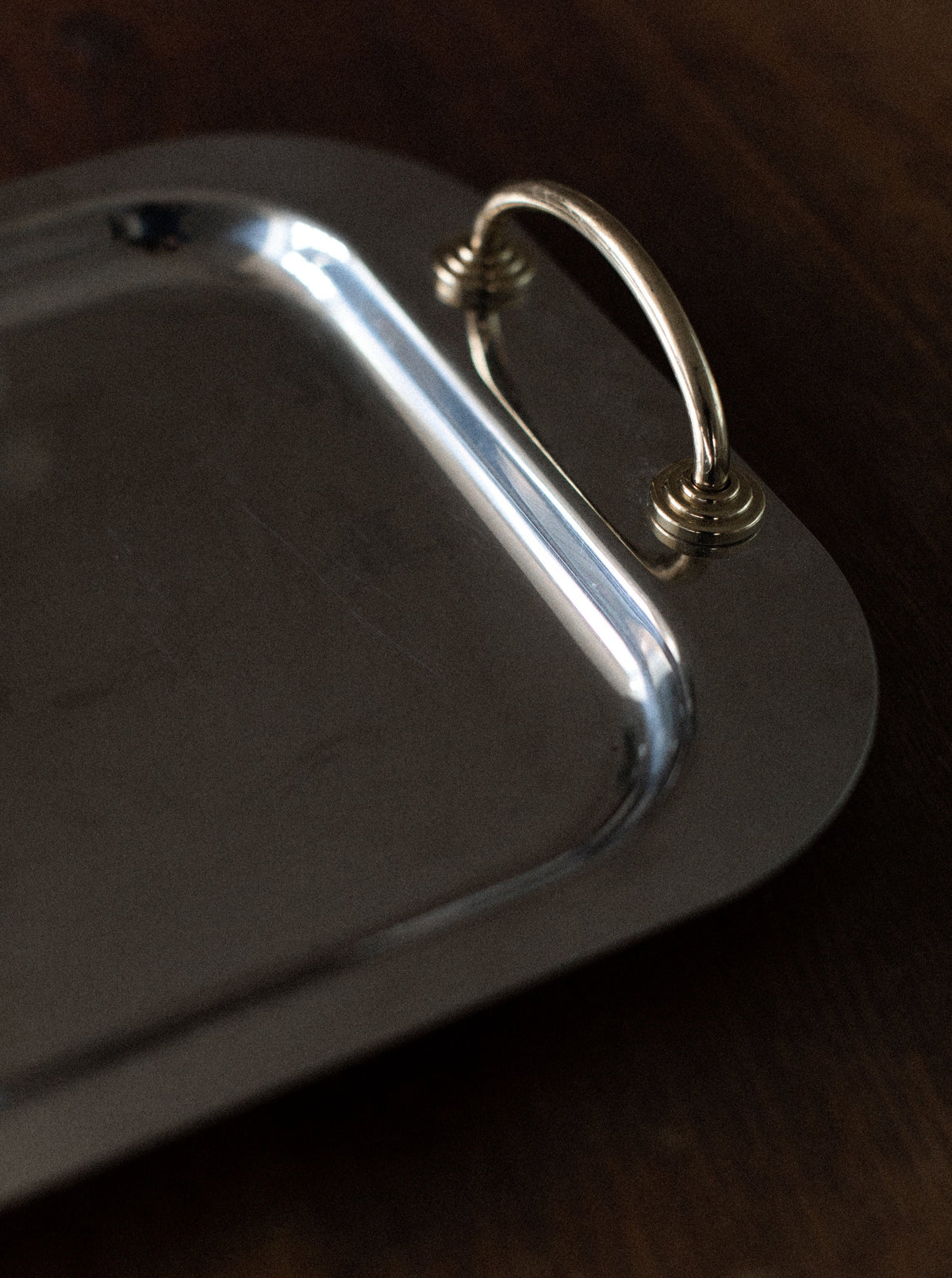 A close-up of a rectangular Out For Lunch Stainless Steel Tray with a curved brass handle exudes modern elegance. The tray reflects light, showcasing its smooth, polished surface. The dark wooden background provides a striking contrast to the contemporary style of the shiny tray.