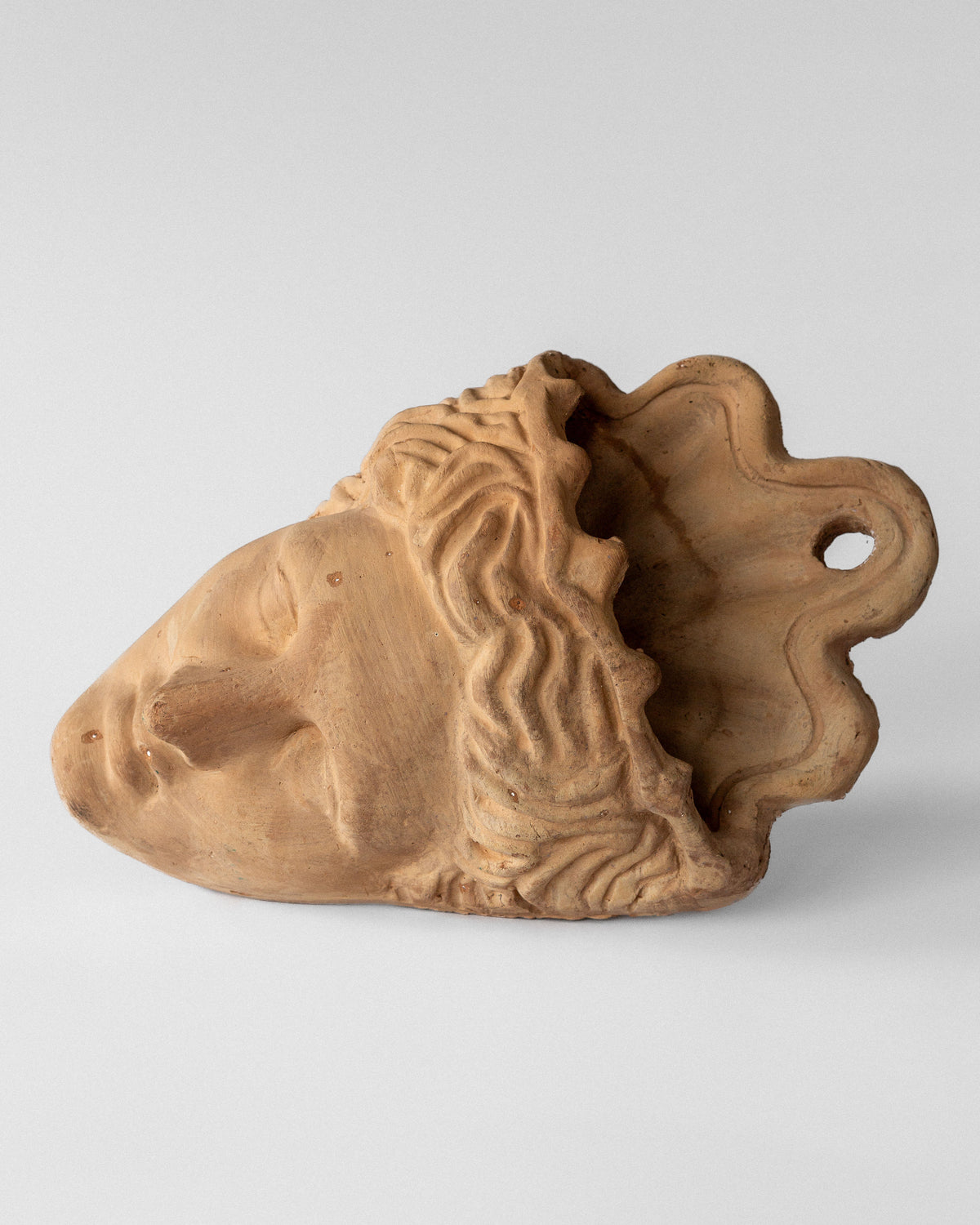 The Spigel Terracotta Wall Mask Planter is a carved, light brown vessel shaped like a human head with wavy hair and a serene expression. It features an unglazed finish with a hollow interior and crown-like opening at the back, ideal for wall-mounting with greenery or flowers.